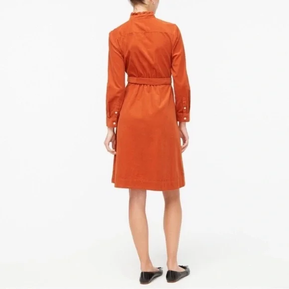J. Crew burnt orange corduroy button down waist tie ruffle neck dress, size 18 - Picture 3 of 11